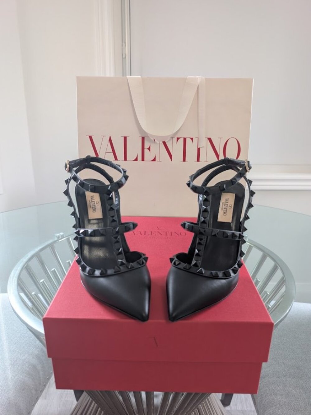 Valentino Garavani Rockstud Ankle Strap Leather Noir Black Size 38 Women